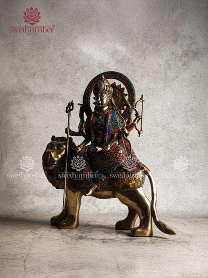 Brass Durga on Lion Idol for Home, Office & Temple Decor