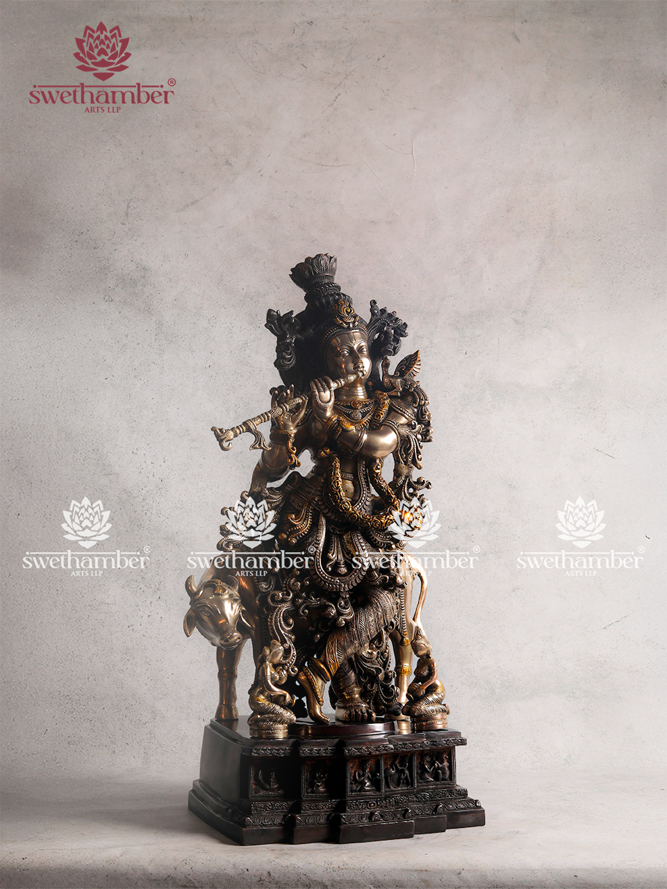 Brass Krishna with Cow Idol – Divine Govinda Murti for Home Temple Decor
