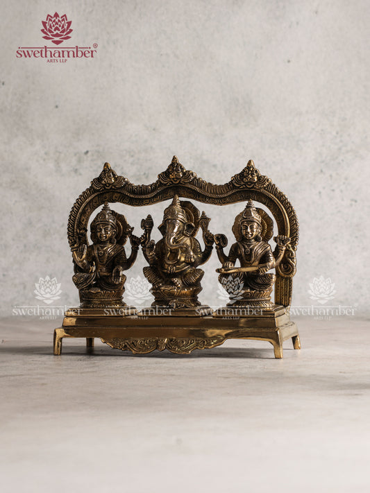 ANTIQUE FINISH BRASS GANESHA LAXMI SARASWATI STATUE