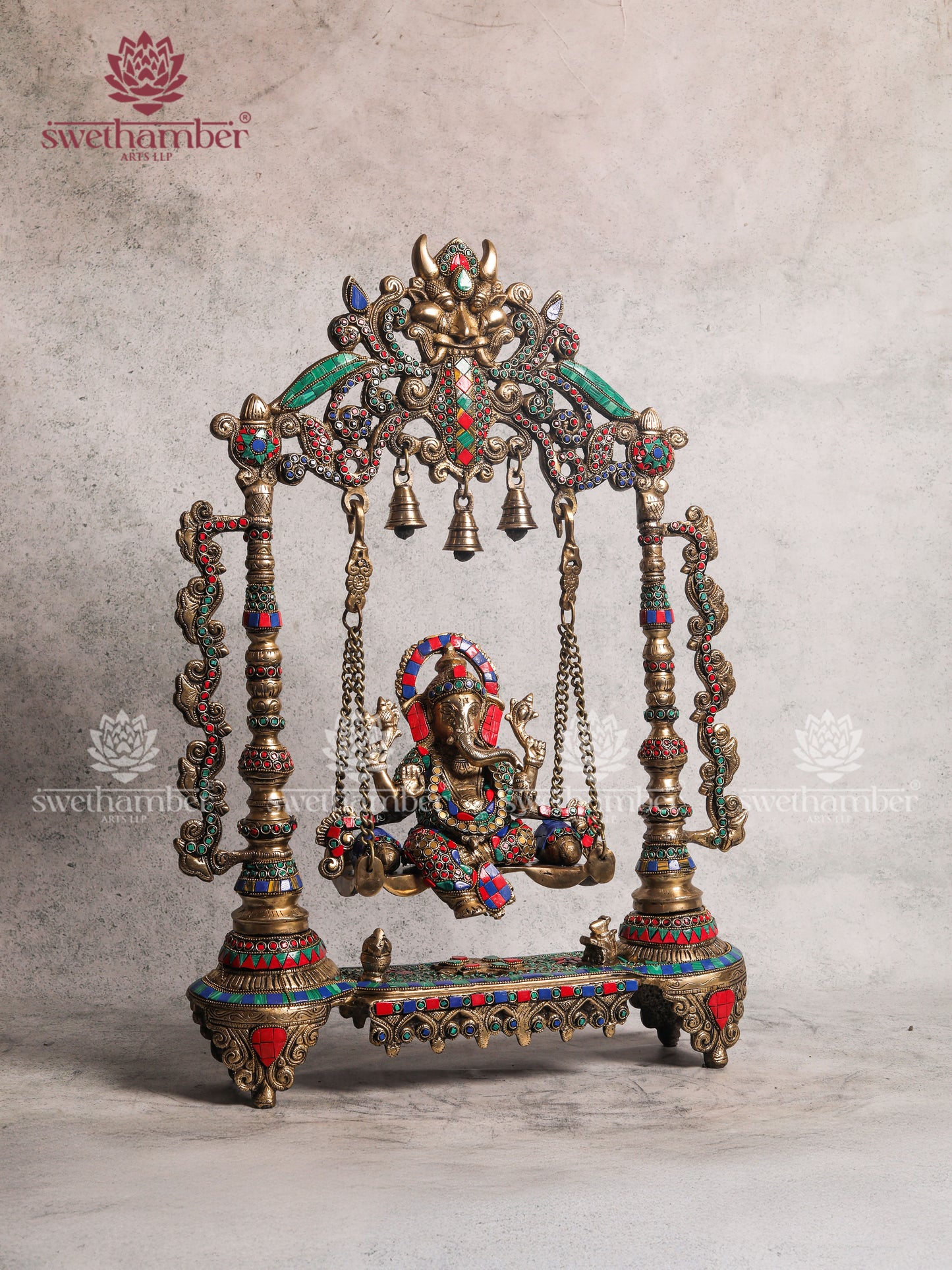 BRASS GANESH ON JHULA SWING WITH COLOURFUL STONES WORK