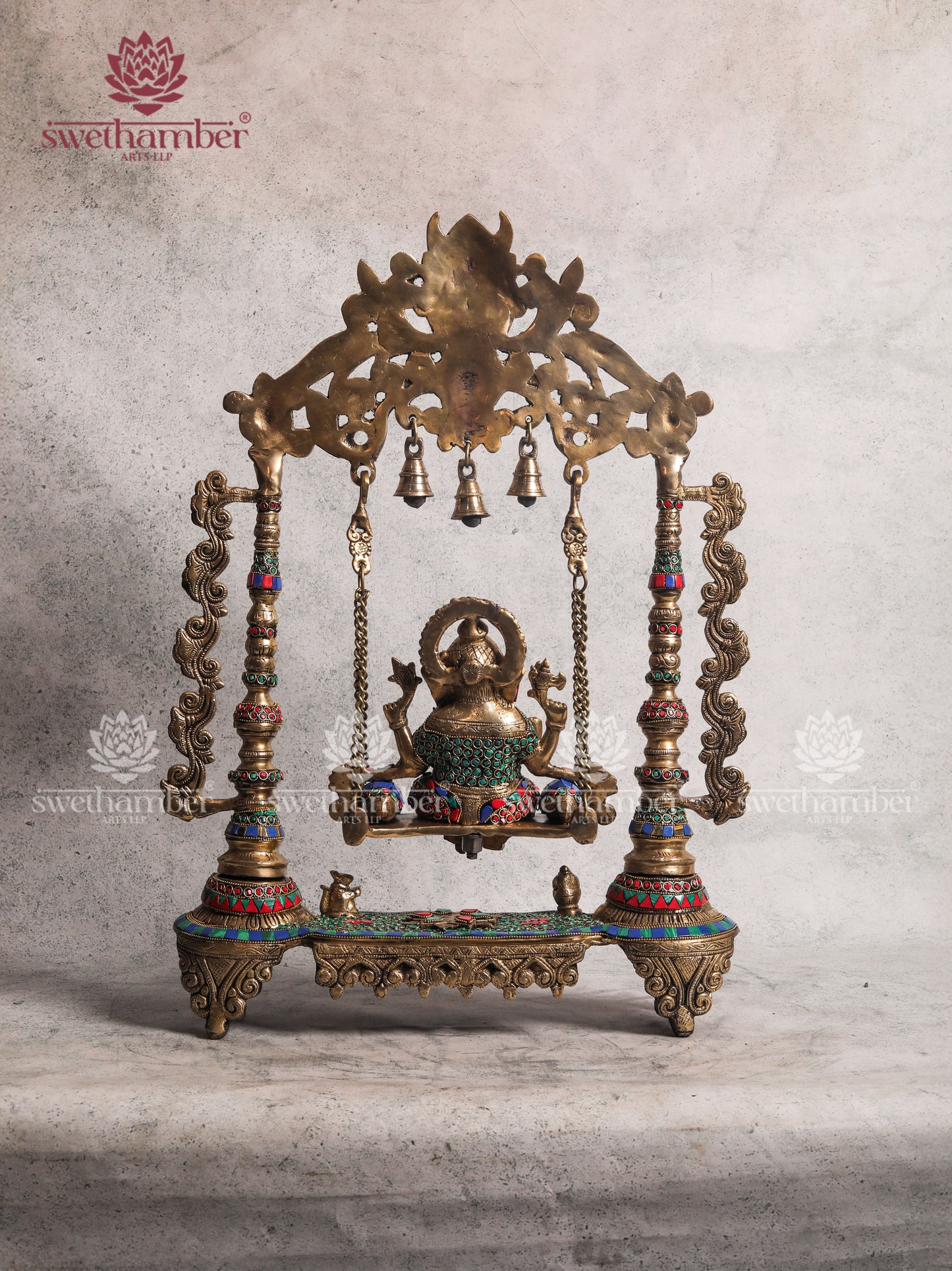 BRASS GANESH ON JHULA SWING WITH COLOURFUL STONES WORK