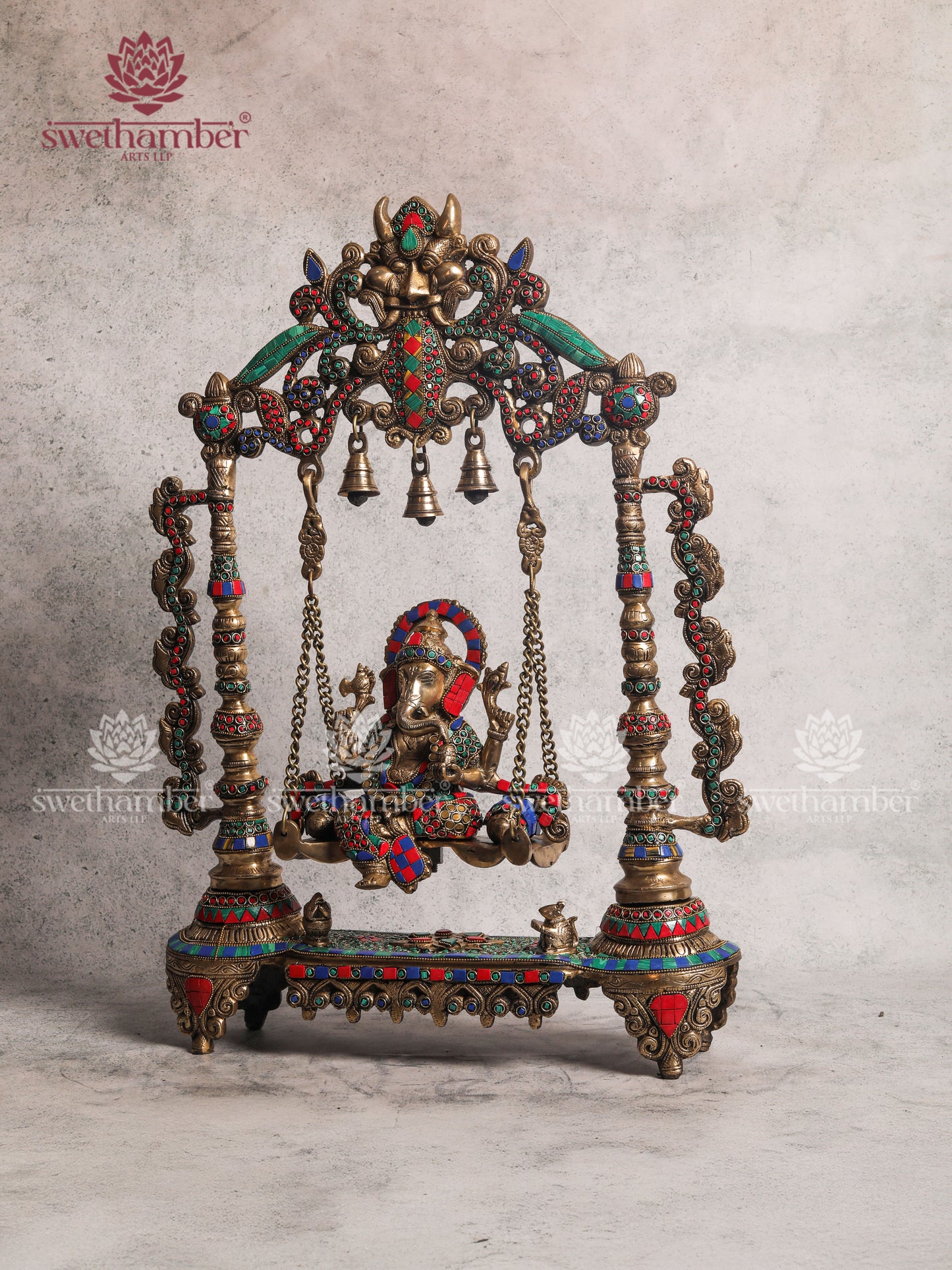 BRASS GANESH ON JHULA SWING WITH COLOURFUL STONES WORK