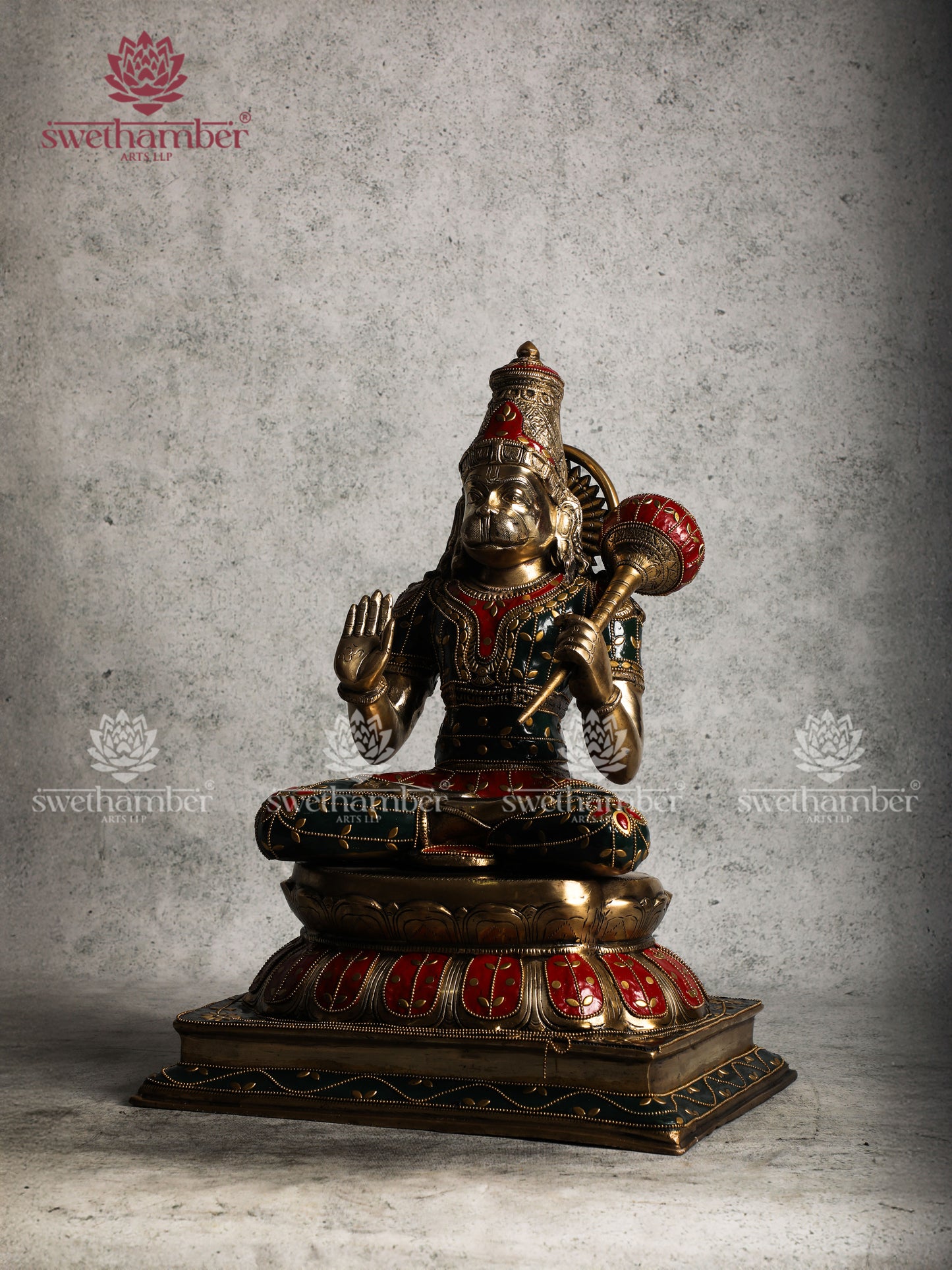 Brass Sitting Hanuman Statue with colourful stones work