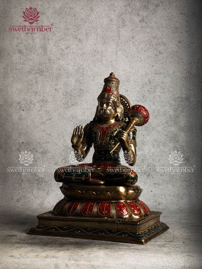 Brass Sitting Hanuman Statue with colourful stones work