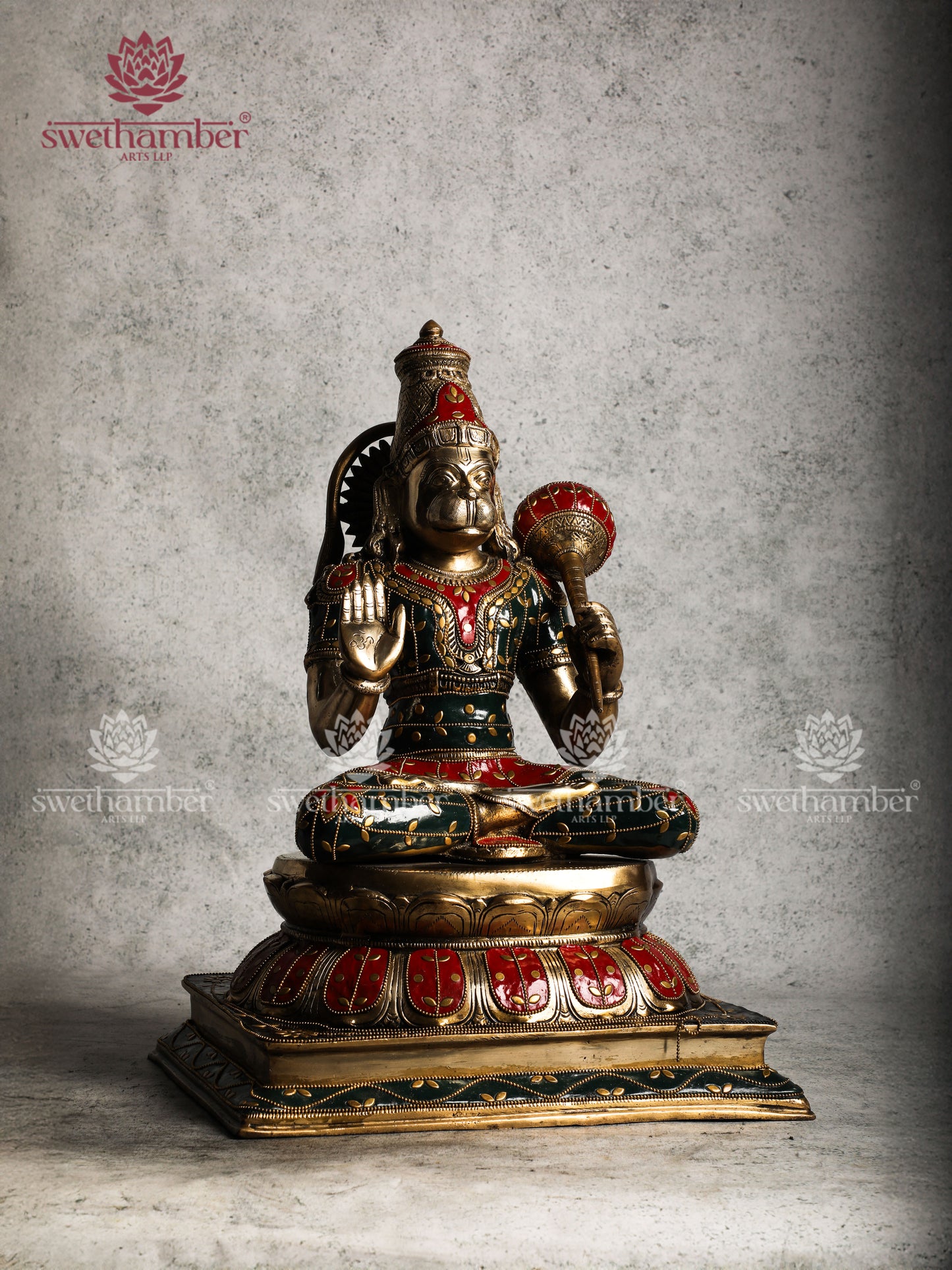 Brass Sitting Hanuman Statue with colourful stones work