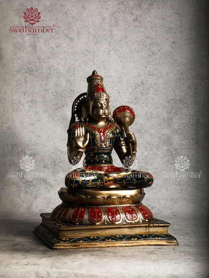 Brass Sitting Hanuman Statue with colourful stones work