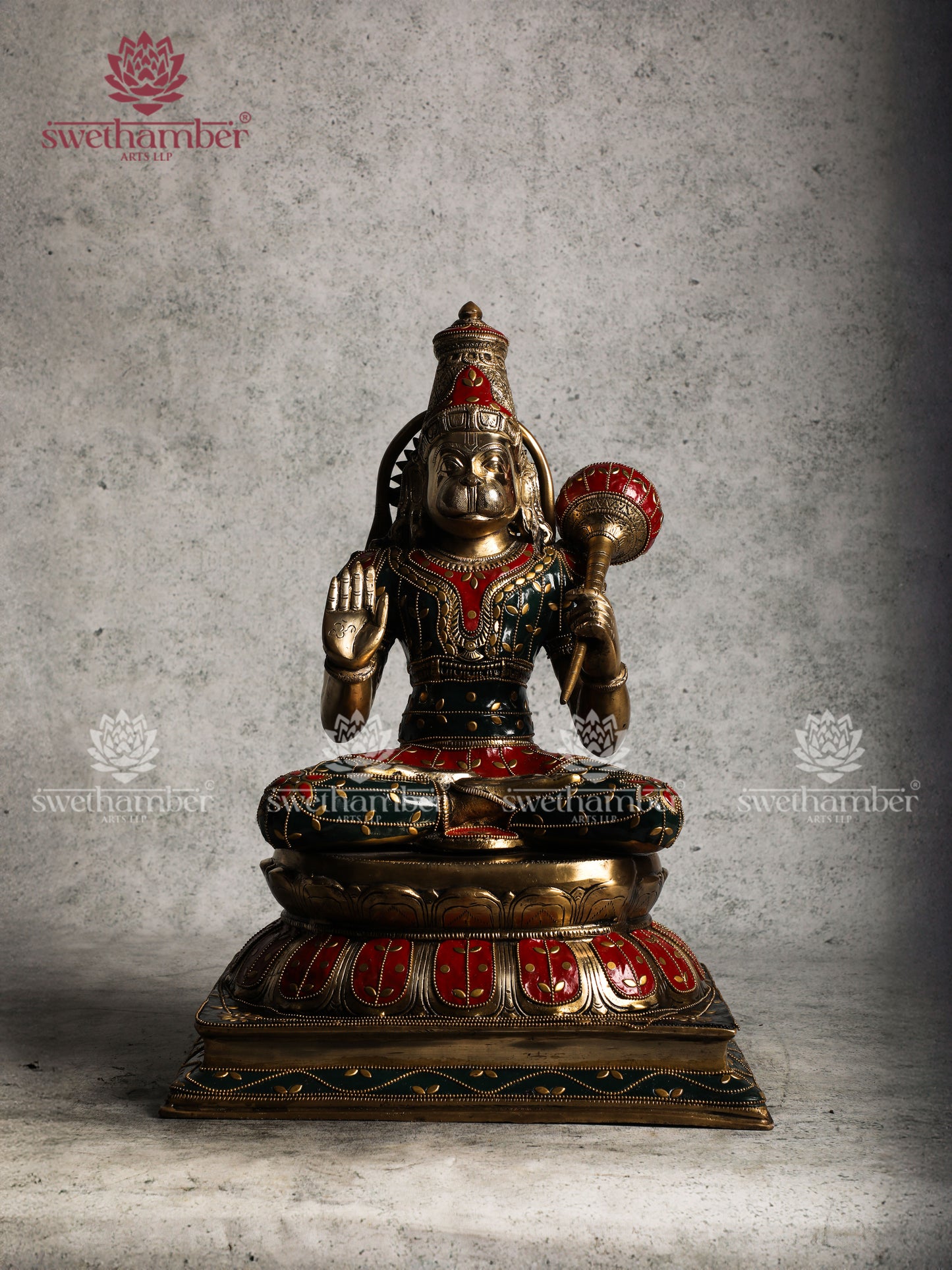 Brass Sitting Hanuman Statue with colourful stones work