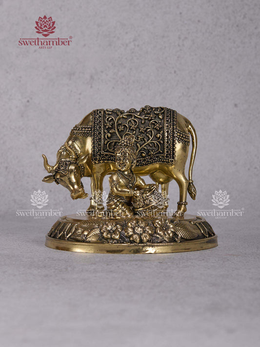 Cow with Butter Krishna Brass Idol