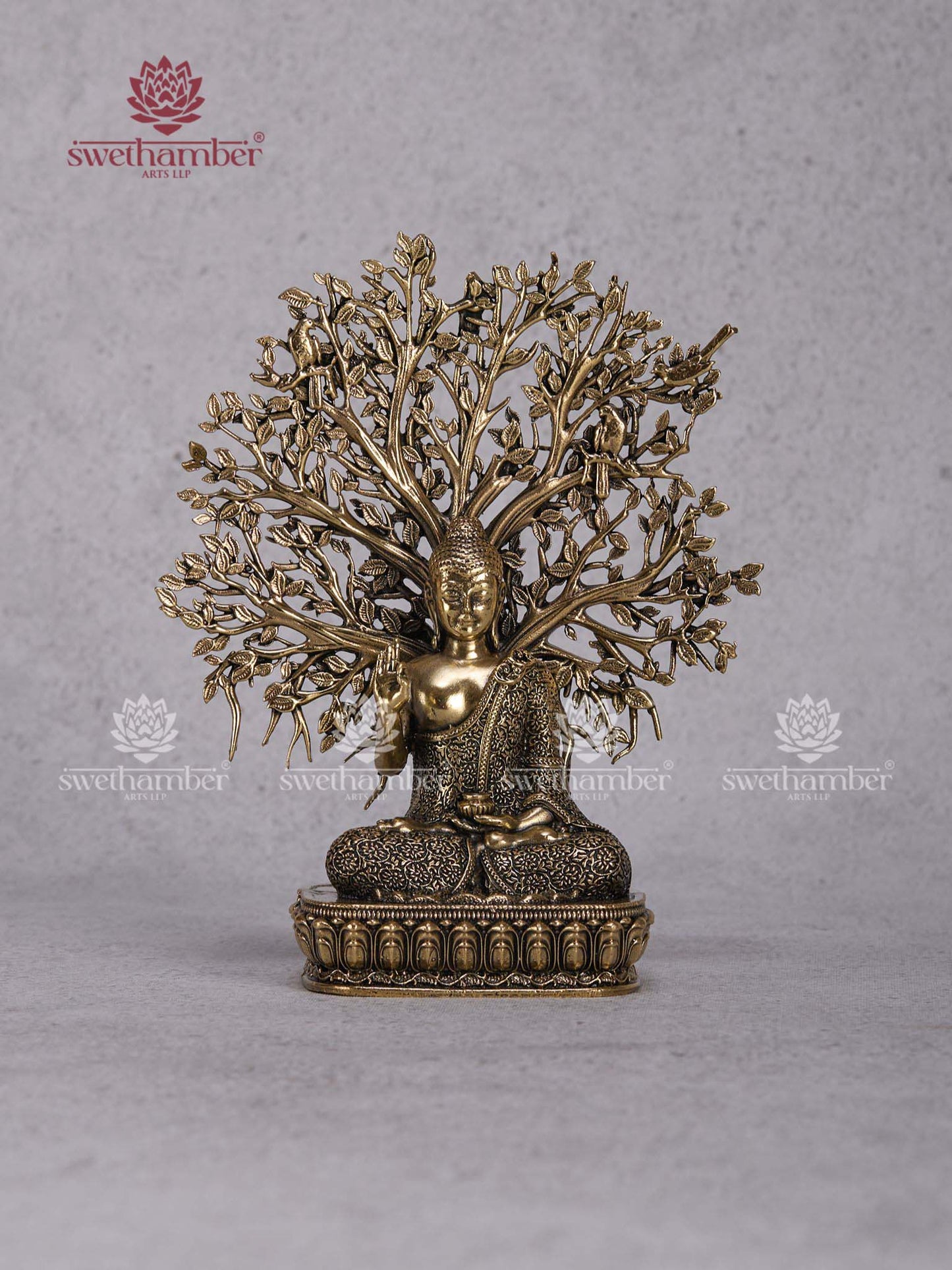 Brass Buddha with Bodhi Tree Idol – Meditating Buddha Statue for Home Décor