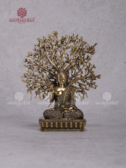 Brass Buddha with Bodhi Tree Idol – Meditating Buddha Statue for Home Décor
