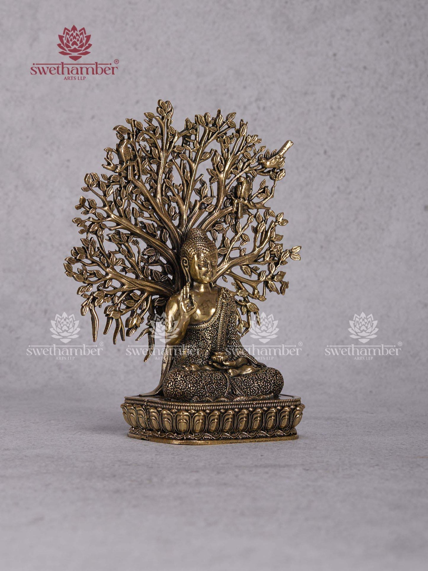 Brass Buddha with Bodhi Tree Idol – Meditating Buddha Statue for Home Décor