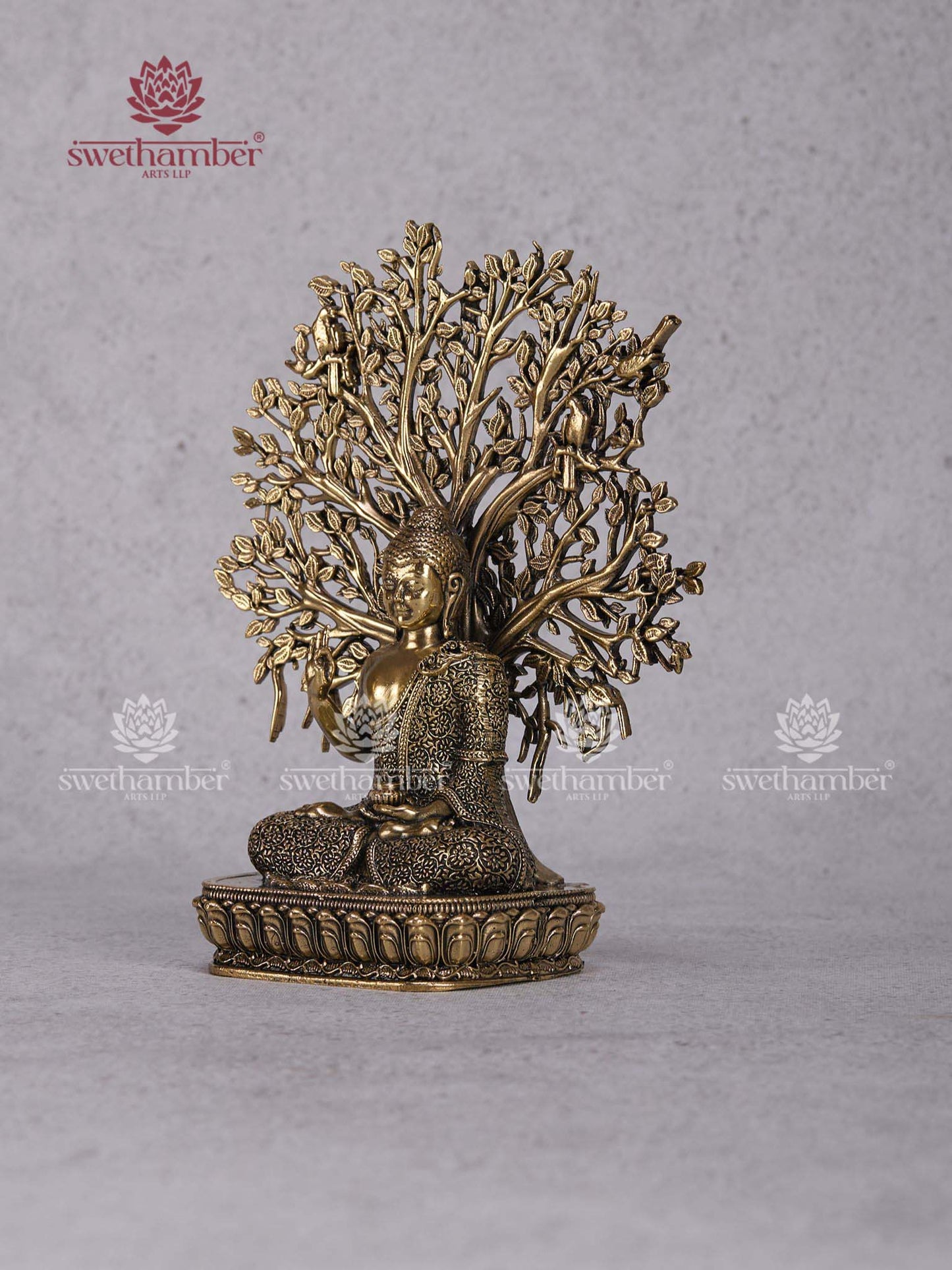 Brass Buddha with Bodhi Tree Idol – Meditating Buddha Statue for Home Décor