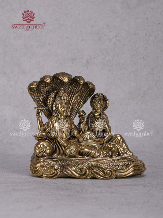 Brass Vishnu Lakshmi Idol Sitting on Sheshnag – Lakshmi Narayan Murti for Home Temple & Pooja