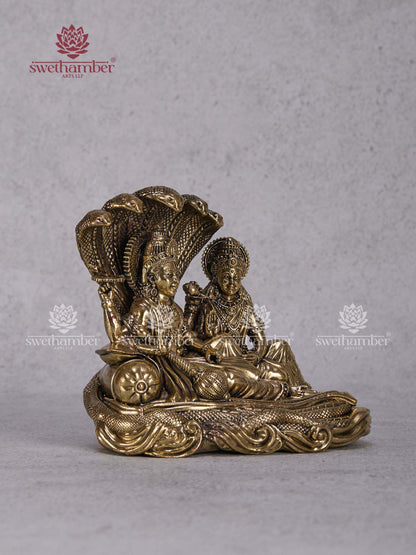 Brass Vishnu Lakshmi Idol Sitting on Sheshnag – Lakshmi Narayan Murti for Home Temple & Pooja