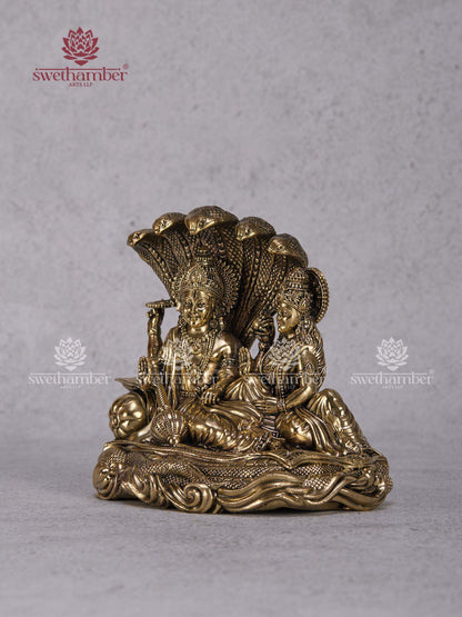 Brass Vishnu Lakshmi Idol Sitting on Sheshnag – Lakshmi Narayan Murti for Home Temple & Pooja