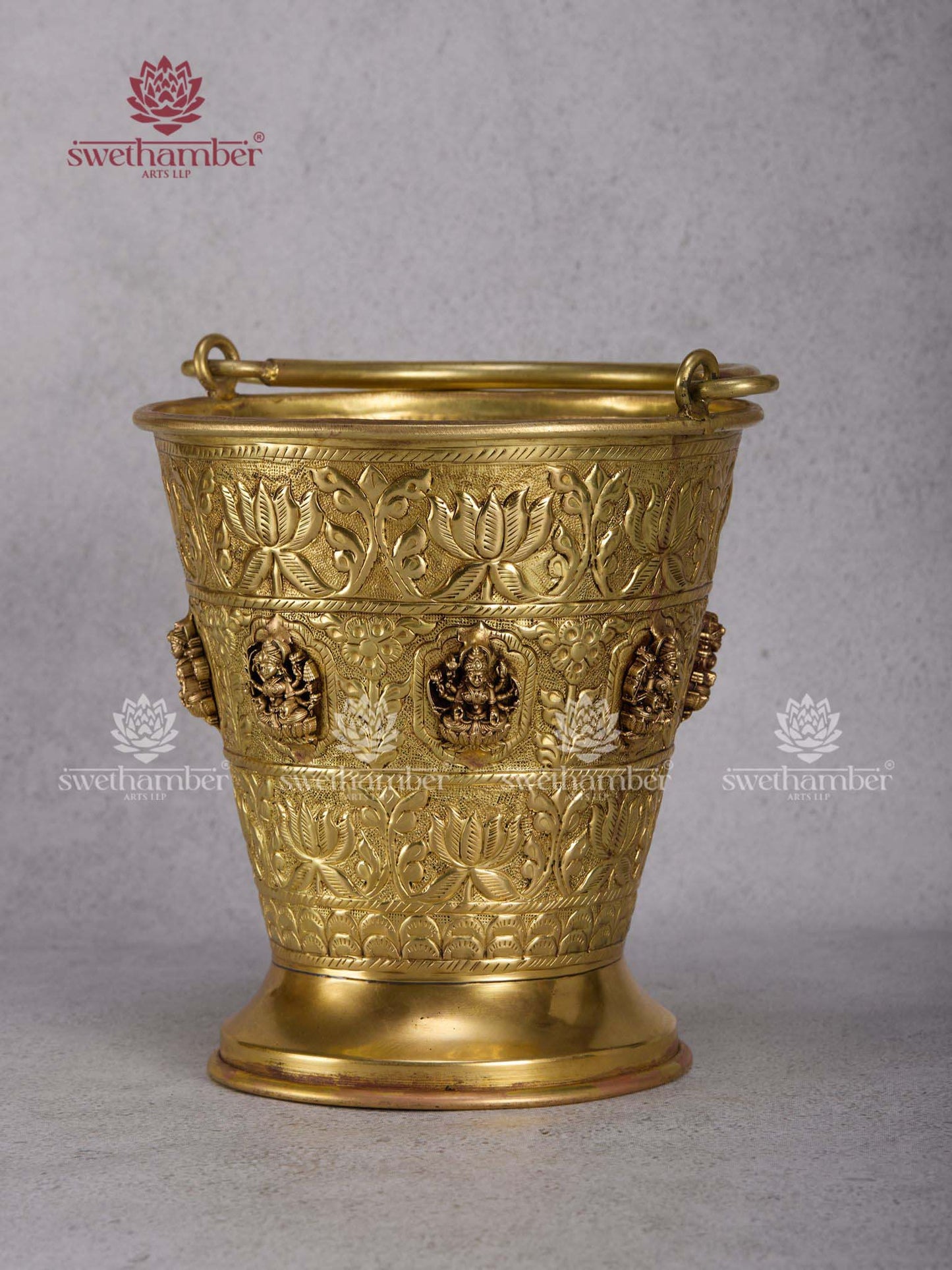 Premium Brass Bucket with Ashtalakshmi Carving – Festive Decor/Planter