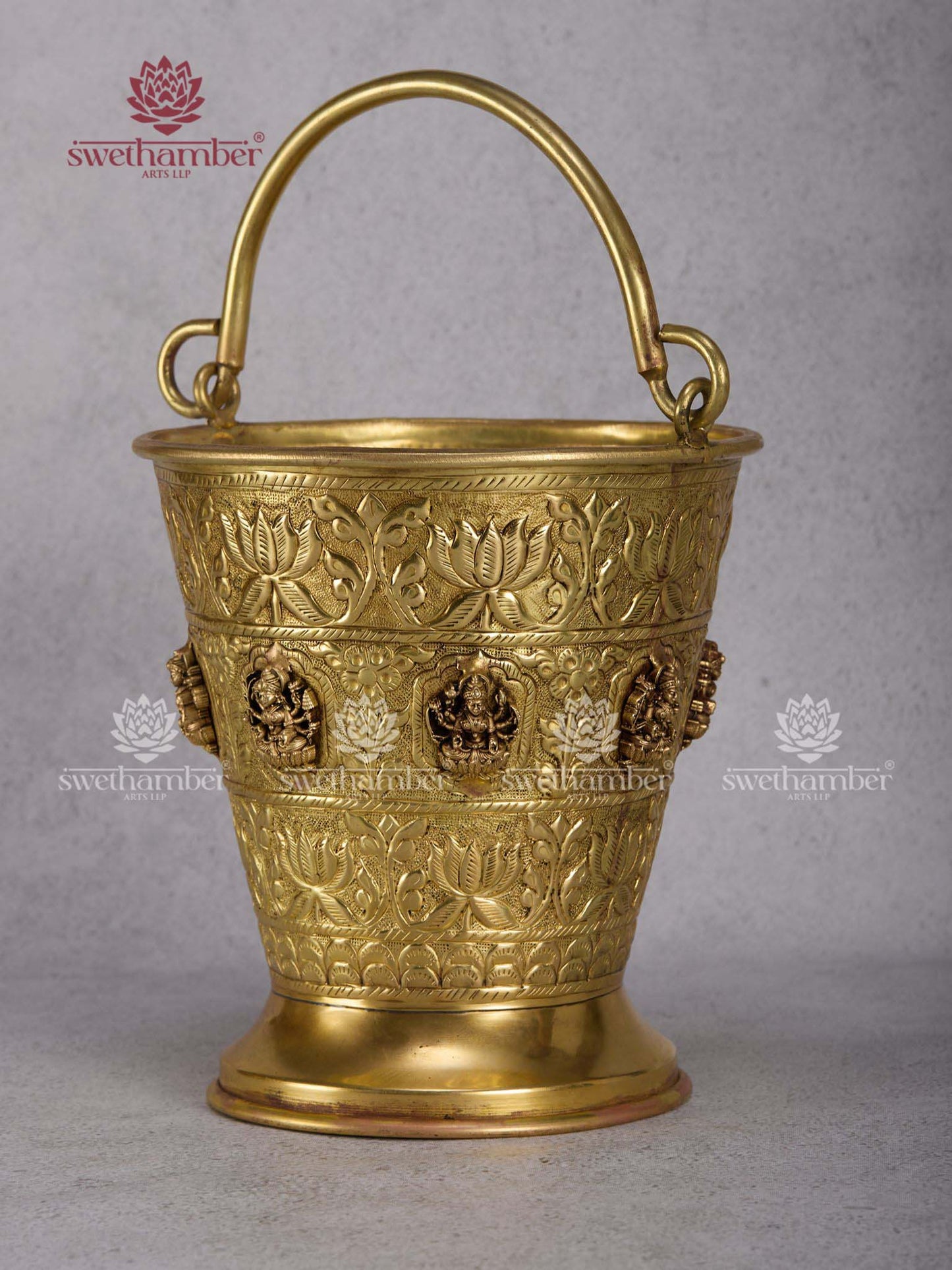 Premium Brass Bucket with Ashtalakshmi Carving – Festive Decor/Planter