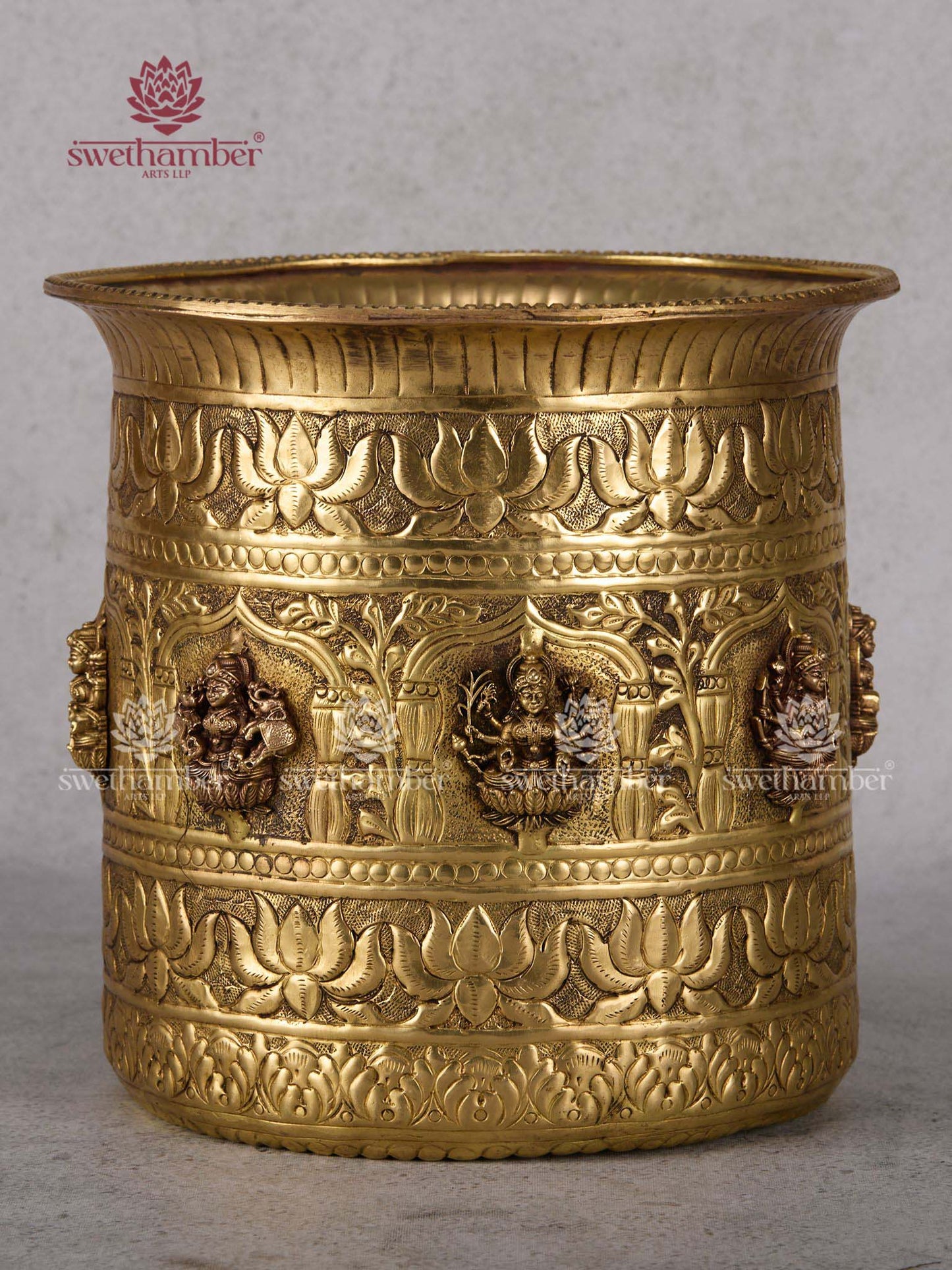 Brass Ashtalakshmi Flower Planter – Indian Handcrafted Lakshmi Brass Pot for Spiritual Home Decor