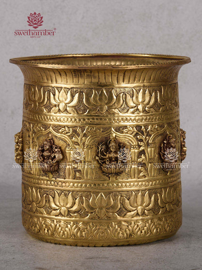 Brass Ashtalakshmi Flower Planter – Indian Handcrafted Lakshmi Brass Pot for Spiritual Home Decor
