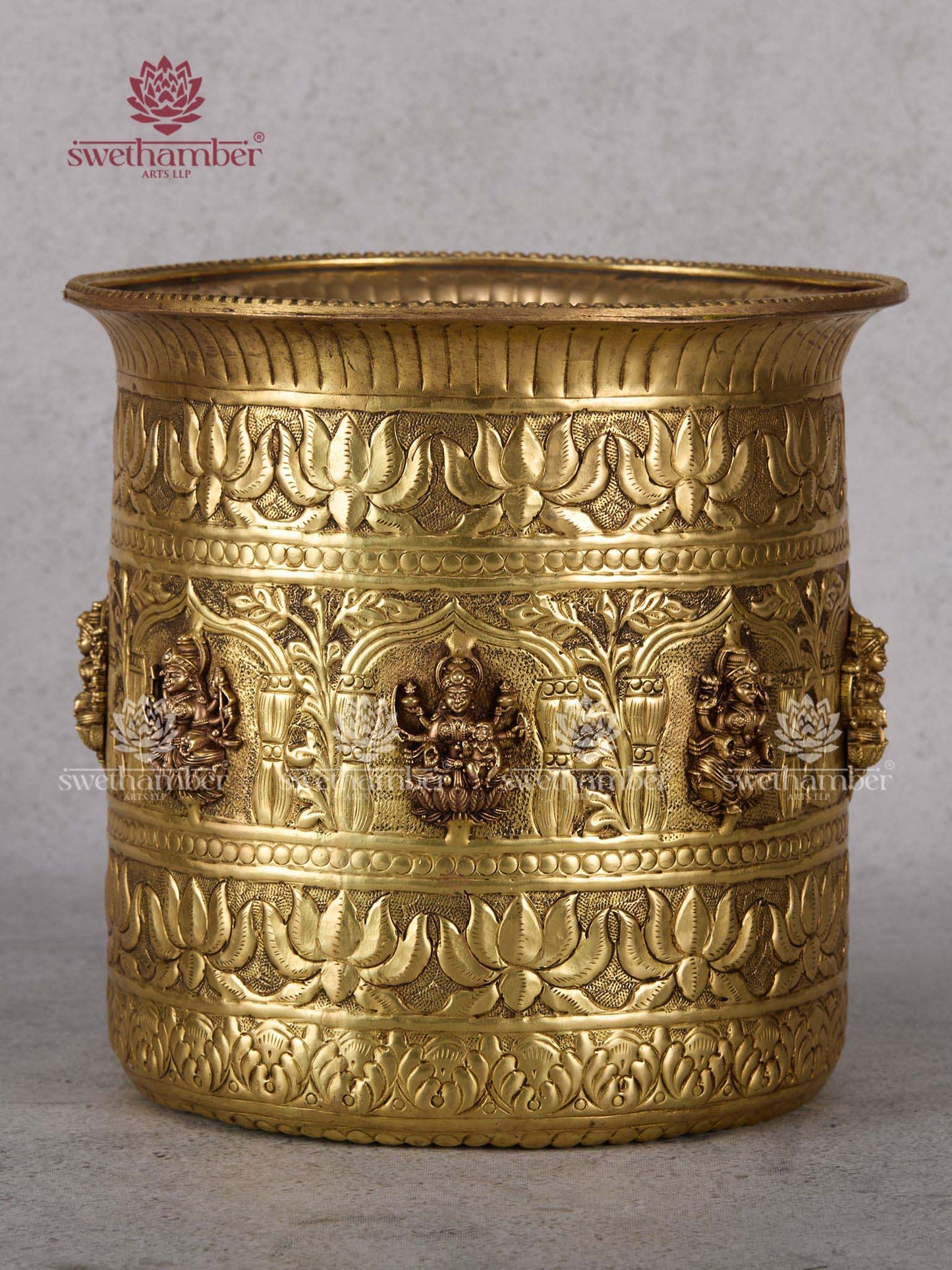 Brass Ashtalakshmi Flower Planter – Indian Handcrafted Lakshmi Brass Pot for Spiritual Home Decor