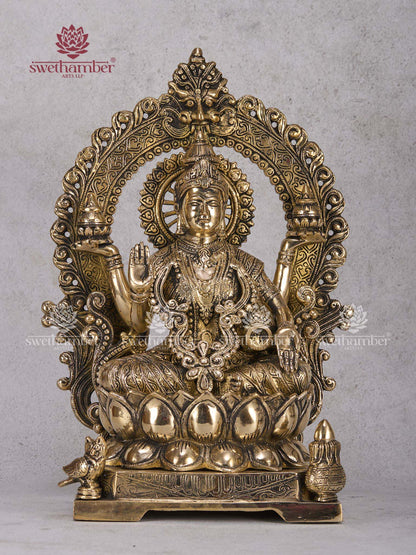 Goddess Lakshmi Sitting on Lotus with Arch – Brass Laxmi Idol with Prabhavali