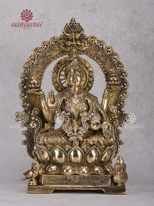 Goddess Lakshmi Sitting on Lotus with Arch – Brass Laxmi Idol with Prabhavali