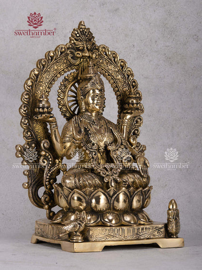 Goddess Lakshmi Sitting on Lotus with Arch – Brass Laxmi Idol with Prabhavali