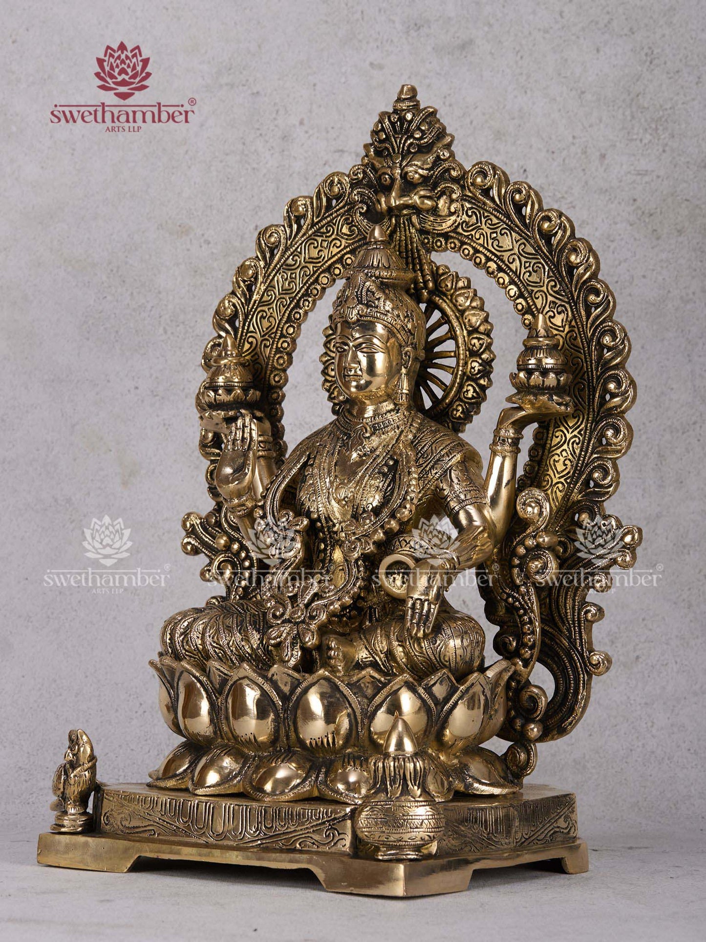 Goddess Lakshmi Sitting on Lotus with Arch – Brass Laxmi Idol with Prabhavali