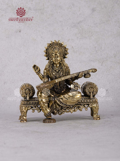 Brass Saraswati Mata Statue – Goddess of Knowledge Idol for Vastu & Gifting