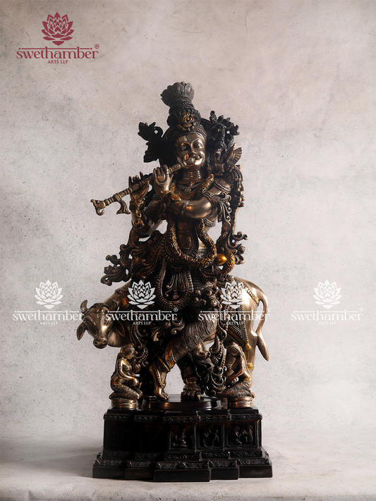 Brass Krishna with Cow Idol – Divine Govinda Murti for Home Temple Decor