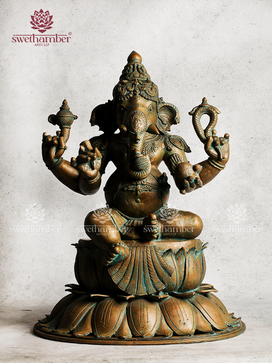 LARGE BRONZE GANESHA SITTING ON LOTUS