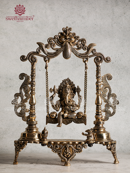 Brass Lord Ganesha on Jhula Swing Idol – Antique Finish Ganpati Statue for Home Decor & GiftingHome decor / Gifting