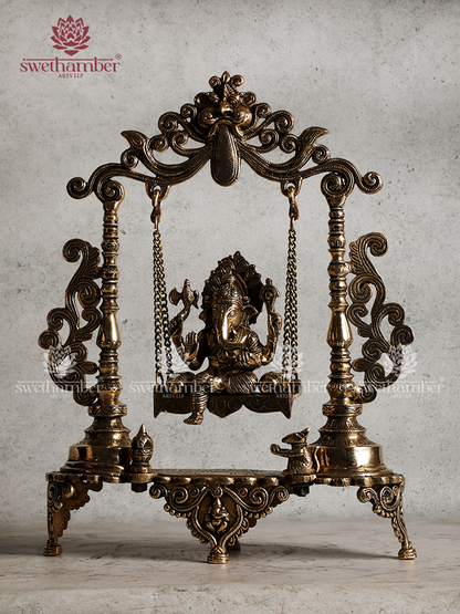 Brass Lord Ganesha on Jhula Swing Idol – Antique Finish Ganpati Statue for Home Decor & GiftingHome decor / Gifting
