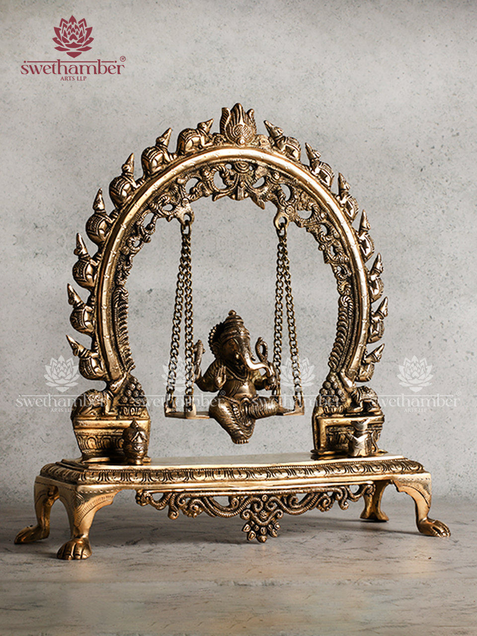 Antique Brass Ganesha Jhula Statue – Lord Ganpati Swing Idol for Vastu & Décor