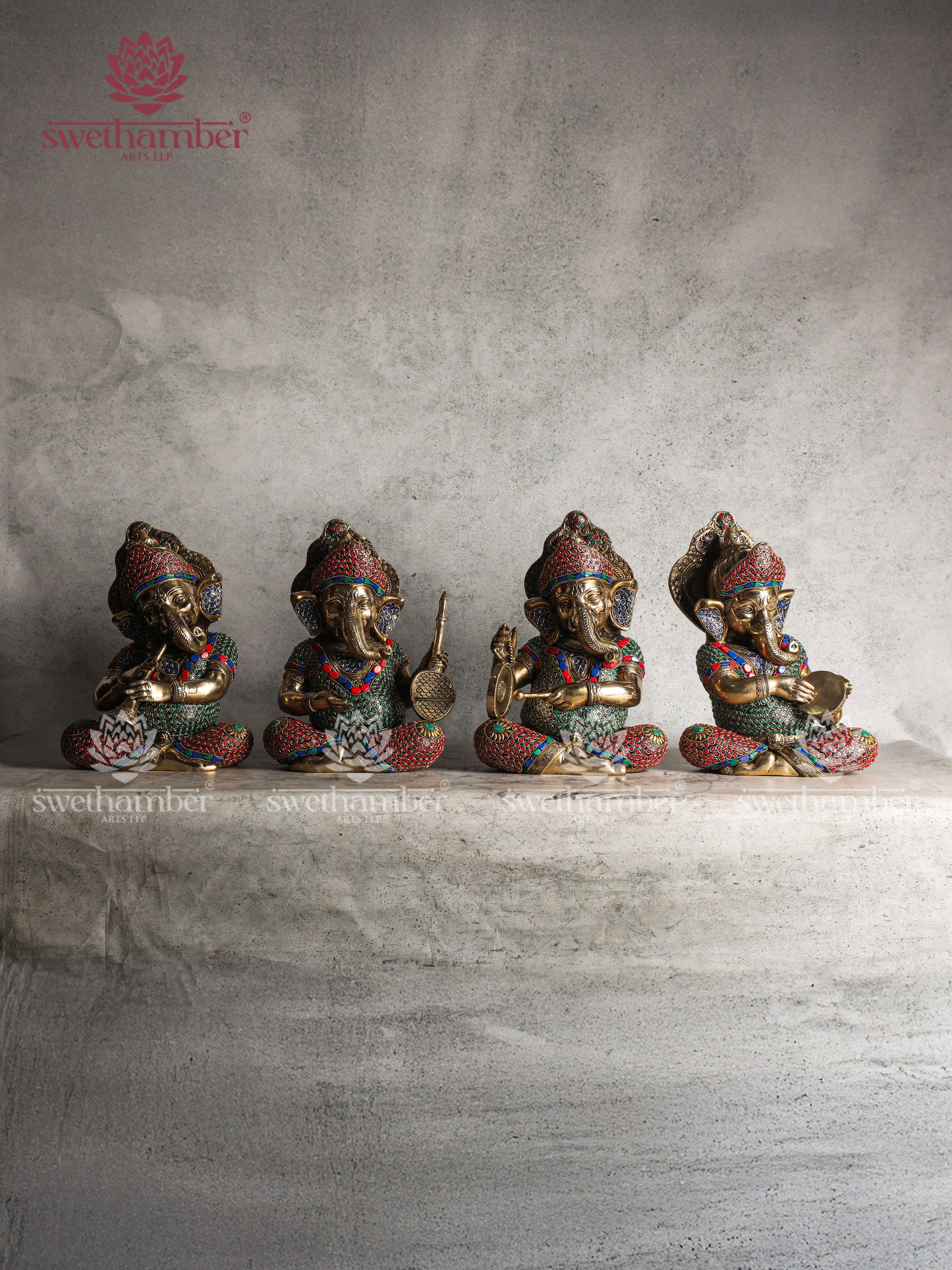 BRASS SITTING GANESHA MUSICAL SET WITH COLOURFUL STONES WORK