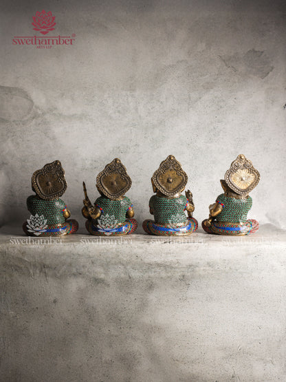 BRASS SITTING GANESHA MUSICAL SET WITH COLOURFUL STONES WORK