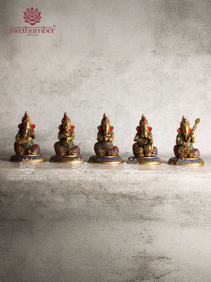 BRASS GANESHA SITTING MUSICAL SET