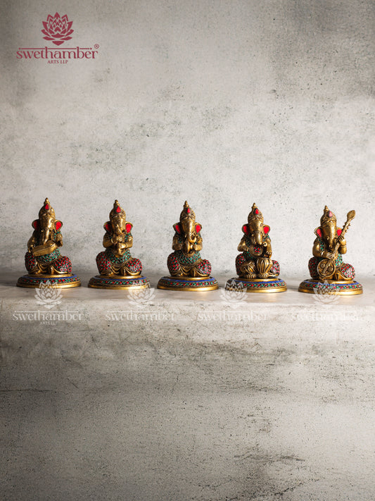 BRASS GANESHA SITTING MUSICAL SET