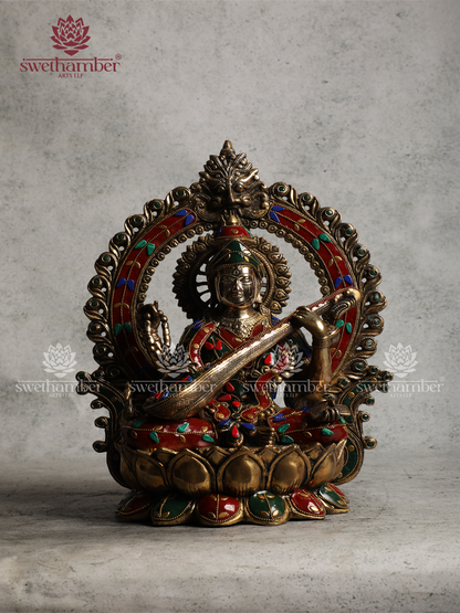 Brass Saraswati Devi Idol with Veena