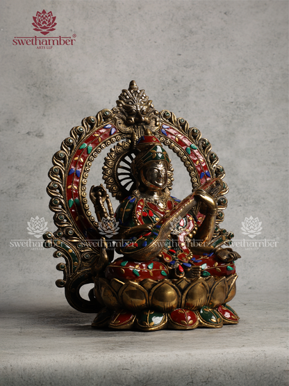 Brass Saraswati Devi Idol with Veena