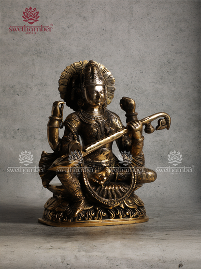 Goddess Saraswati Brass Idol – Antique Finish