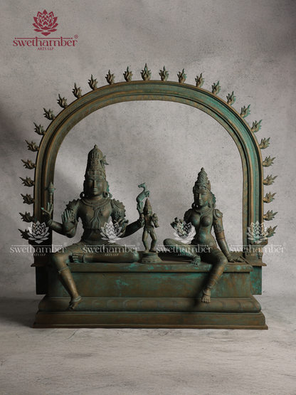 Bronze Sitting Shiv Parvathi with Kartikeya