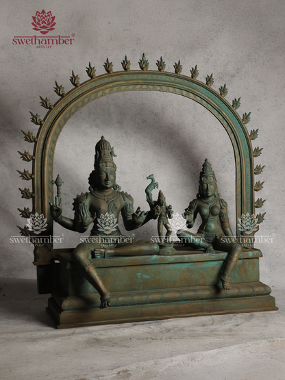 Bronze Sitting Shiv Parvathi with Kartikeya