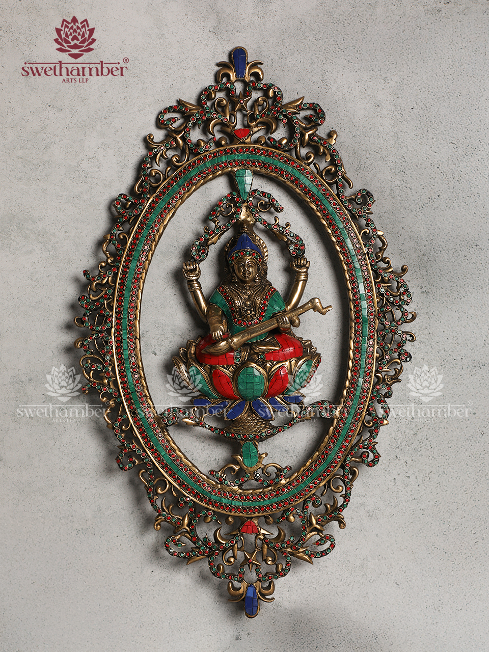 Saraswathi Brass wall hanging with colorful stones work
