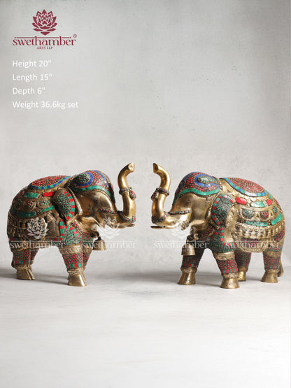 Brass Elephant Statue With Colorful Stones Work
