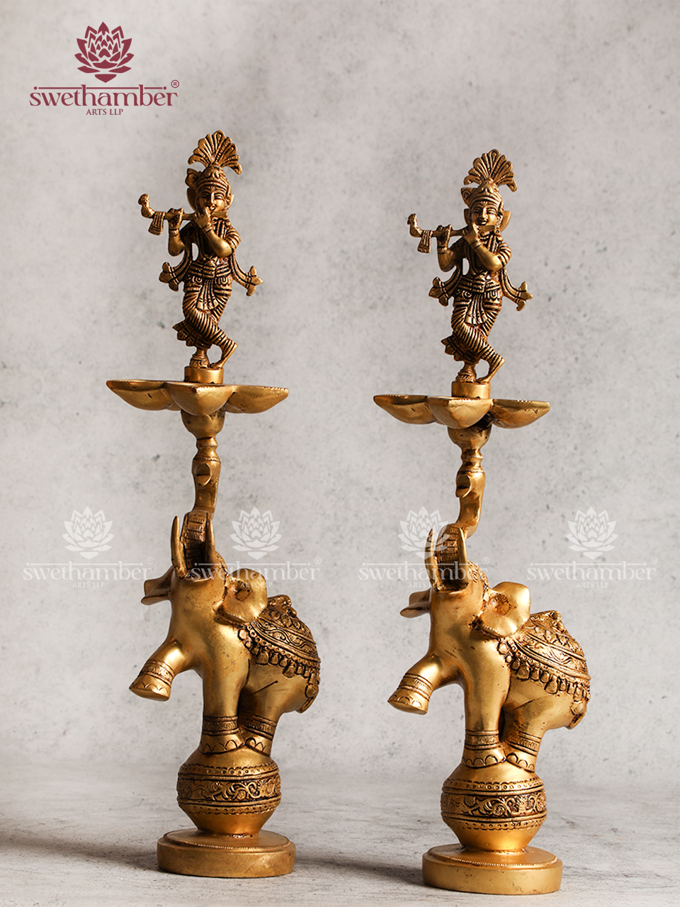 Krishna Brass Lamp Set with Elephant Design – Auspicious Puja Diya Set