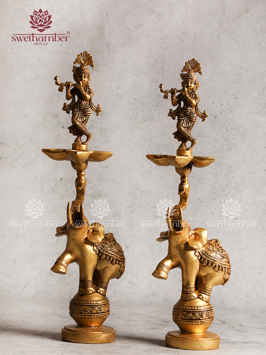Krishna Brass Lamp Set with Elephant Design – Auspicious Puja Diya Set