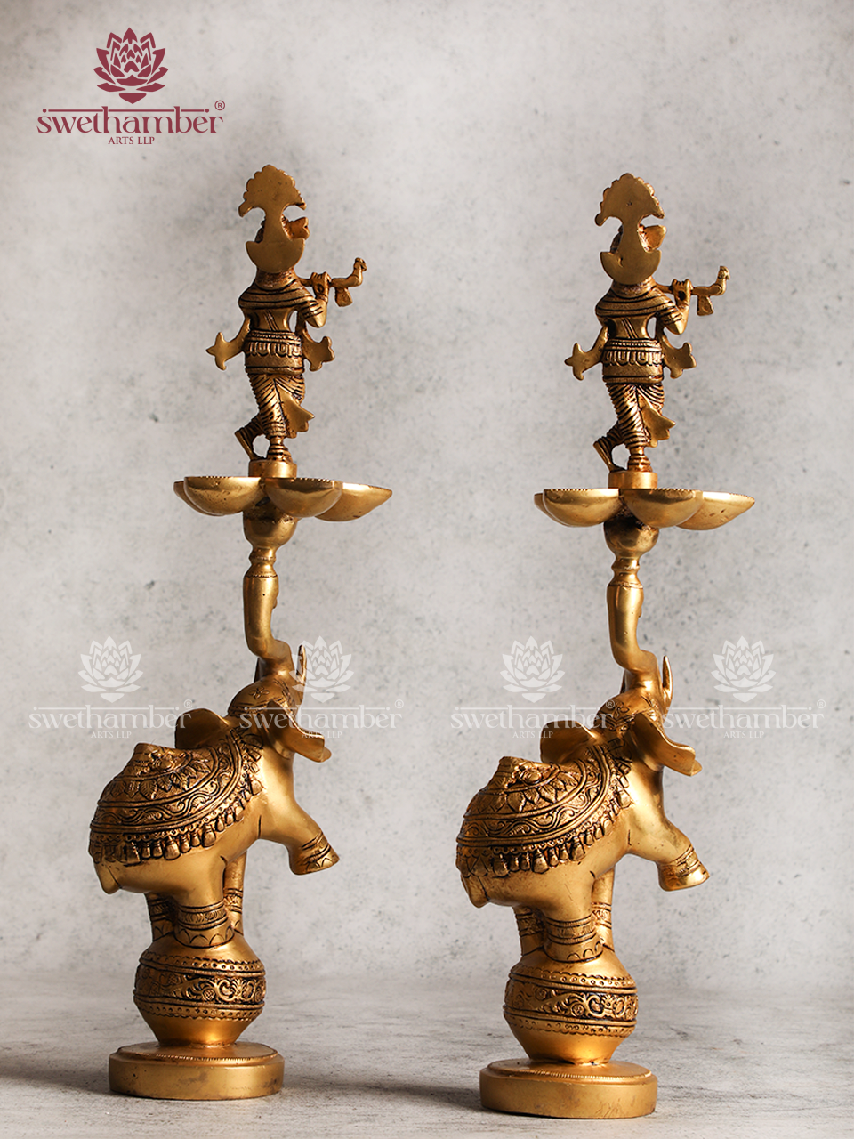 Krishna Brass Lamp Set with Elephant Design – Auspicious Puja Diya Set