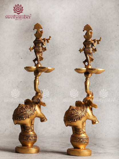 Krishna Brass Lamp Set with Elephant Design – Auspicious Puja Diya Set