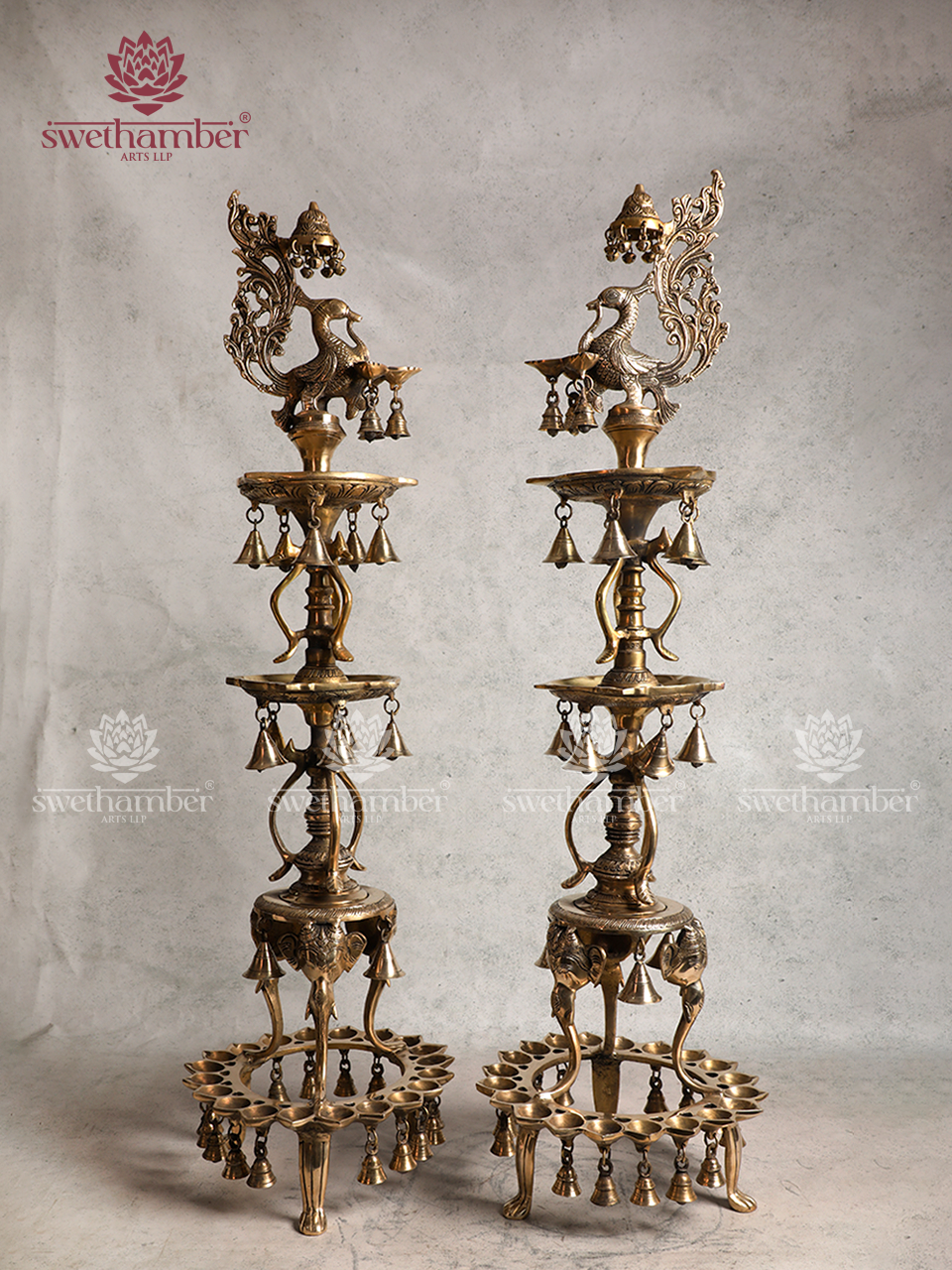 Large Brass Peacock Floor Lamp with Bells for Pooja & Entrance Décor